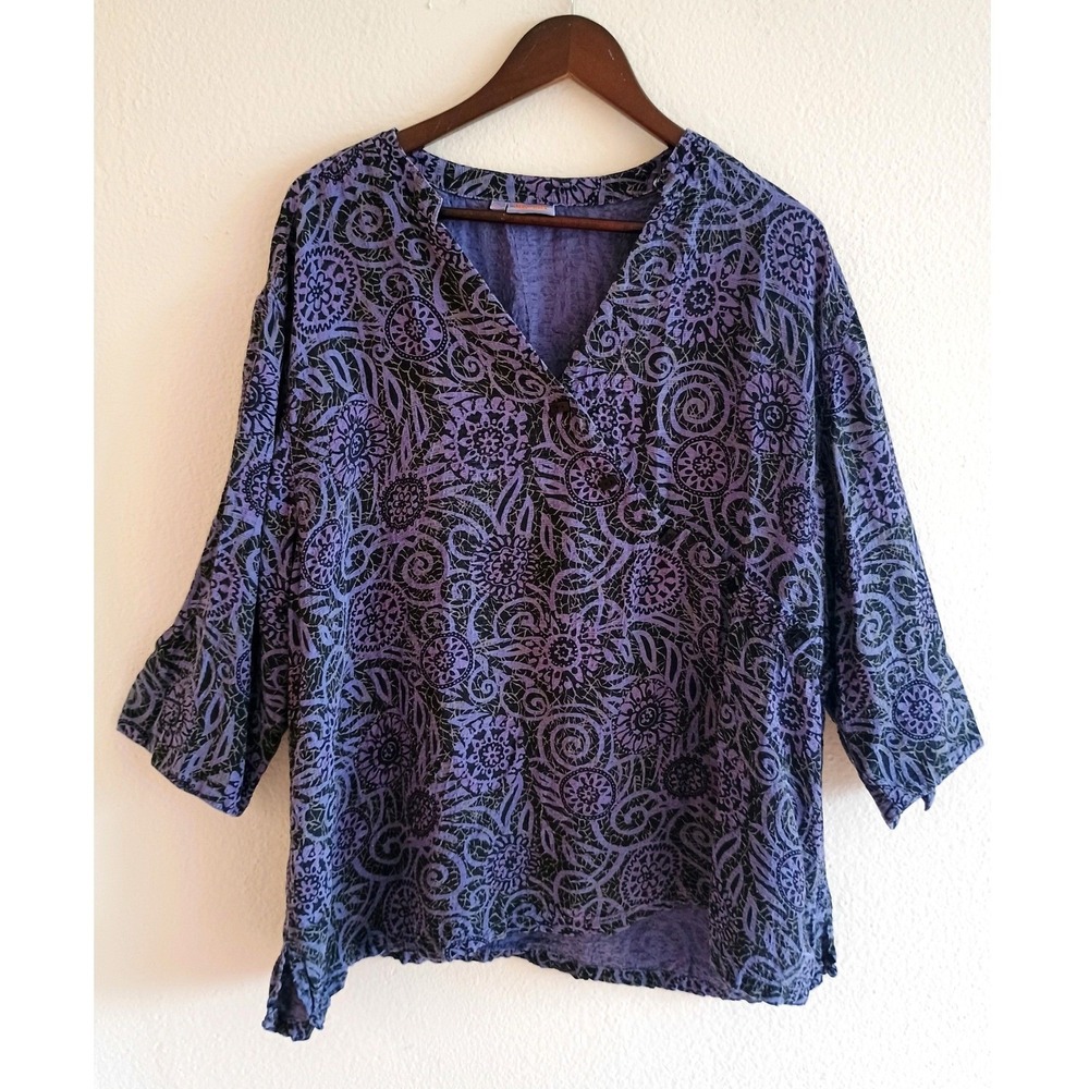 Tianello Soul of Africa Purple Black Batik Floral V-Neck Blouse 0X (XL) Artsy
